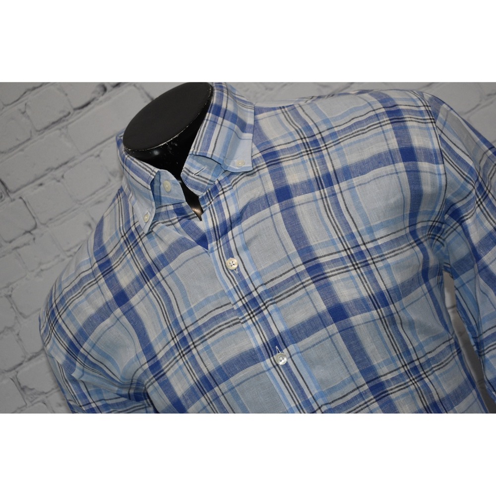 Ledbury Button Down Shirt Mens Large Blue Plaid Slim Fit Linen Long Sleeve